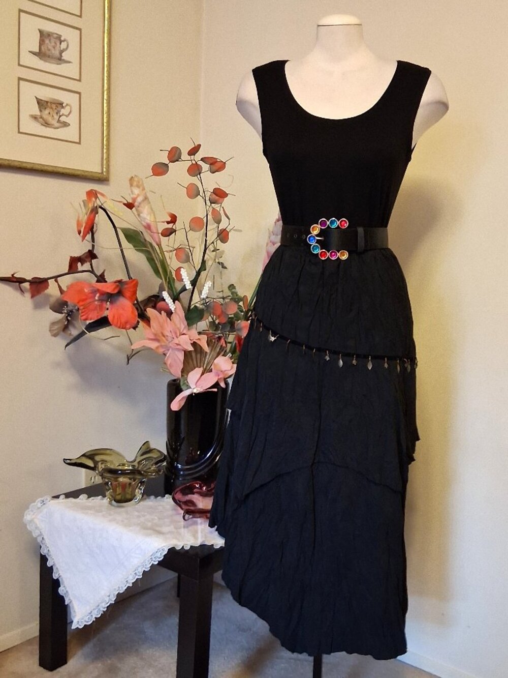 New Unique Design High Quality Vintage Style Black Tiered Lined Midi Skirt 14